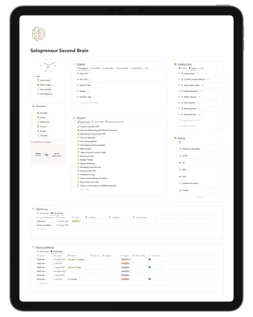 tablet solopreneur second brain dashboard